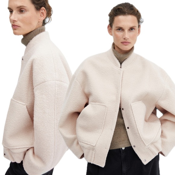 Mango Cream Oversized Teddy Bear Textured Fleece Faux Fur Bomber Sherpa Jacket - Picture 1 of 17